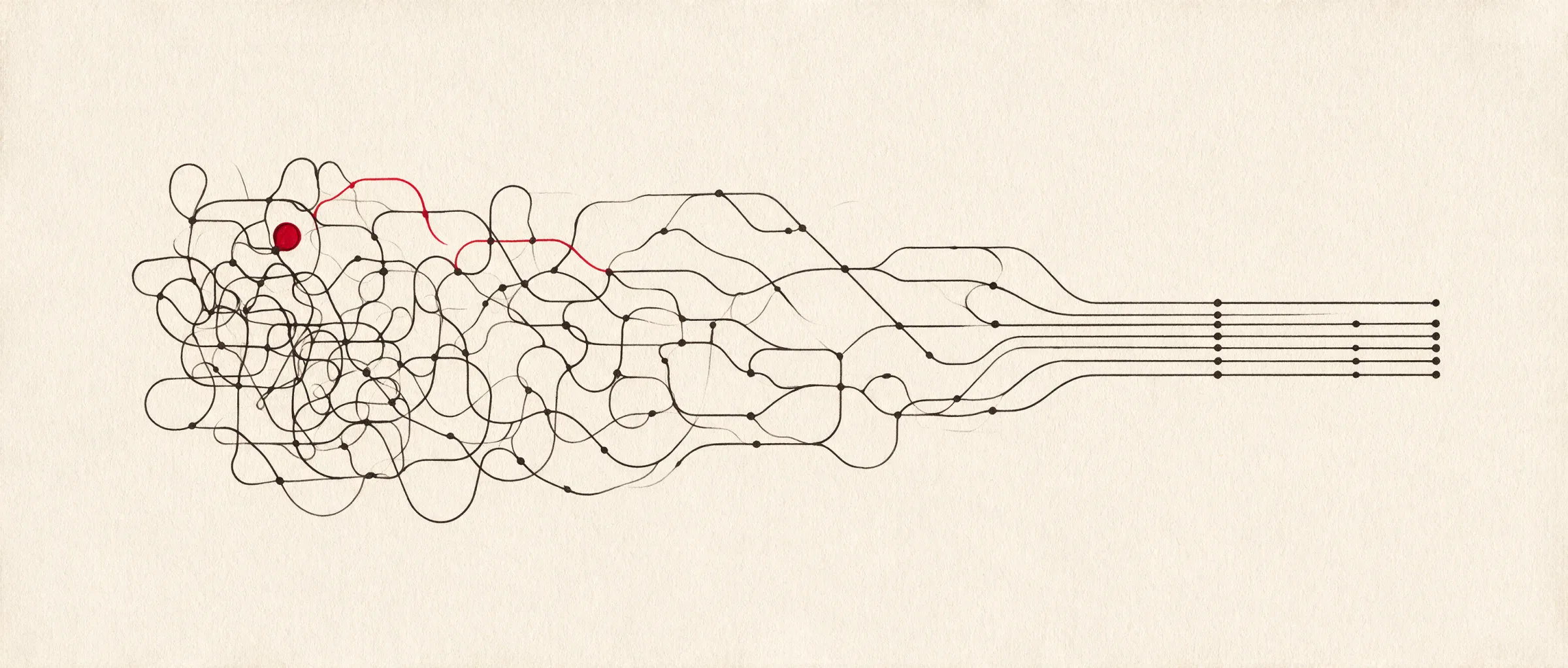 Abstract diagram: tangled paths on the left resolving into clean, ordered parallel lines on the right, with one crimson node.